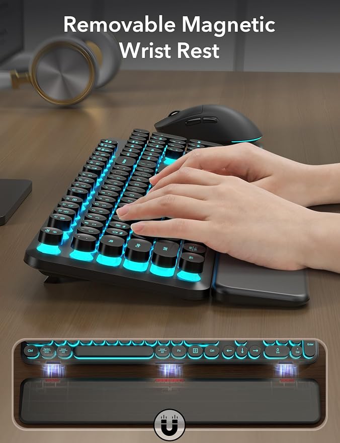 Wireless Keyboard and Mouse Backlit - Typewriter Keyboard with Magnetic Wrist Rest, Retro Round Keys, Light Up Letters, 2.4GHz Cordless Combo for Mac, Windows, PC, Laptop, Trueque CK23Pro [Upgraded]