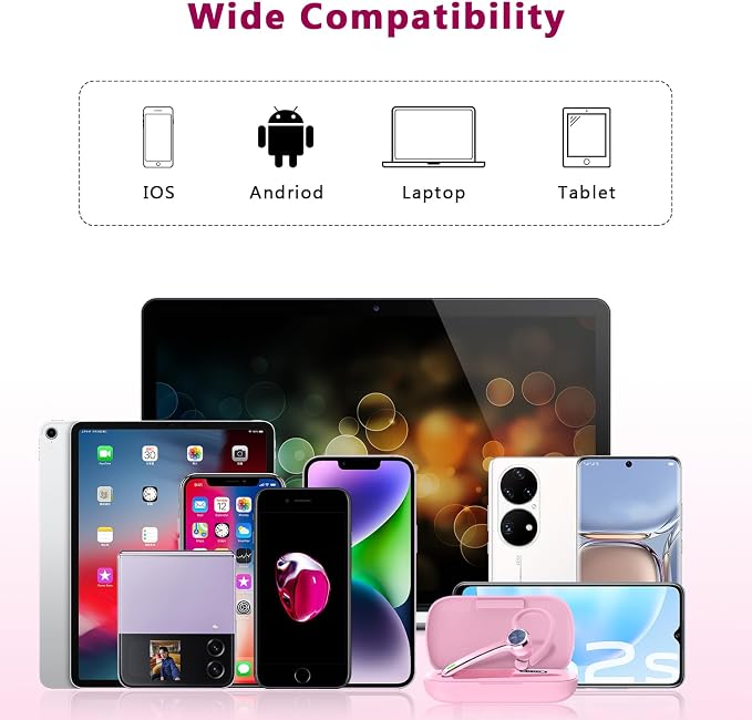 HEIBAS Bluetooth Headset, Wireless Bluetooth Earpiece with 500mAh Charging Case 72 Hours Talking Time Built-in Microphone for iOS Android Cell Phone, V5.1 Hand-Free Headphones for Trucker, Office-Pink