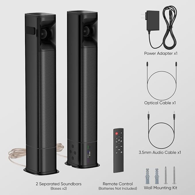 Sound Bar for Smart TV, 80W Surround Sound System, 2-in-1 Detachable Design, 2.0 Channel Soundbar, Dual Woofers & Dual Silk Horn Tweeters, Bluetooth5.3 ARC AUX Optical Home Theater Speaker