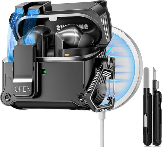 Secure Lock Case for Samsung Galaxy Buds3 FE (2025)/Buds3 Pro & Galaxy Buds 3 (2024), Shockproof Hard Case Cover with Cleaning Kit & Keychain | Auto-Open | Compatible with MagSafe