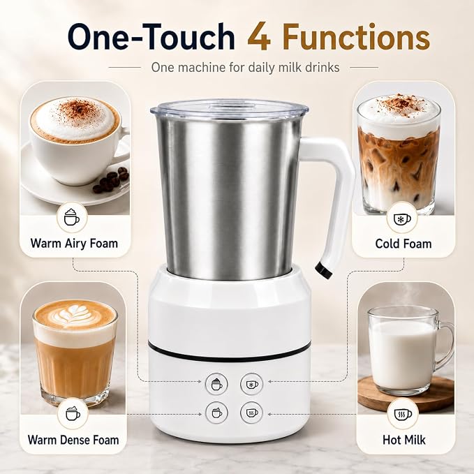 Electric Milk Frother 8.5oz, 4-in-1 Automatic Milk Steamer for Coffee, Latte, Cappuccino, Detachable Stainless Steel Cup, Dishwasher Safe, Magnetic Whisk, Precise Spout for Latte Art, (White)