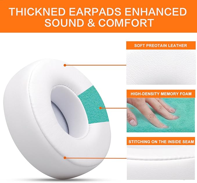 Replacement Ear Pads for Beats Solo 3, Ear Cushions for Beats Solo 2 & Solo 3 Wireless/Wired Headphones, Not Fit Beats Studio On-Ear Headphone with Stronger Adhesive, Thicker Memory Foam(White)