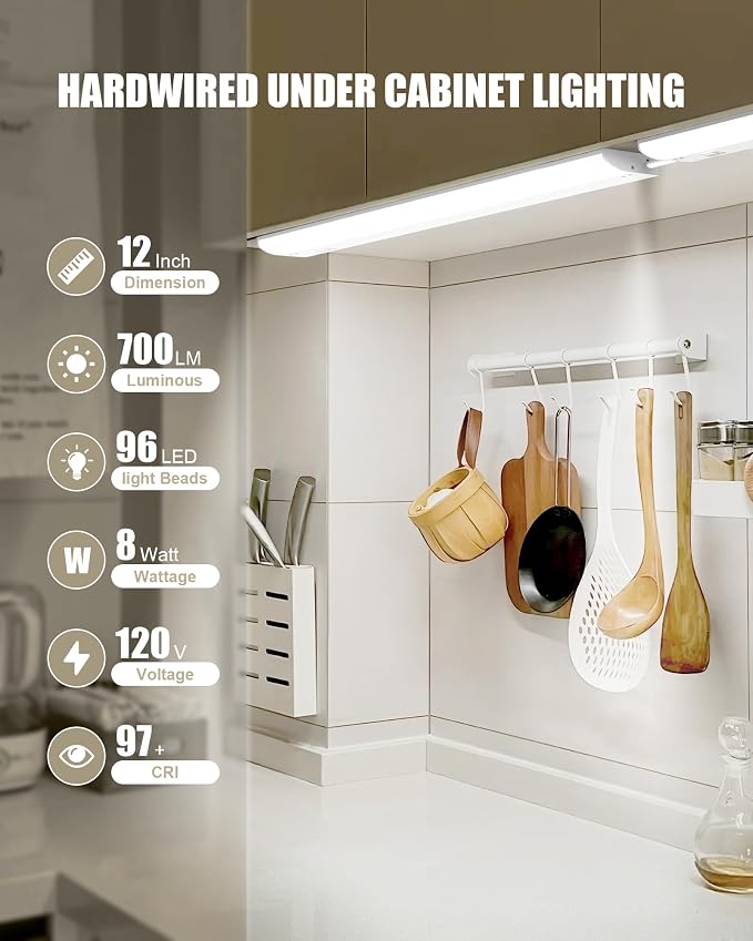 Under Cabinet Lighting Hardwired & Plug-in, 12 inch 3CCT Dimmable Linkable Under Counter Lights for Kitchen,with Power Cord and Linked Cord, CRI 97, 120V,8W,700Lm, White