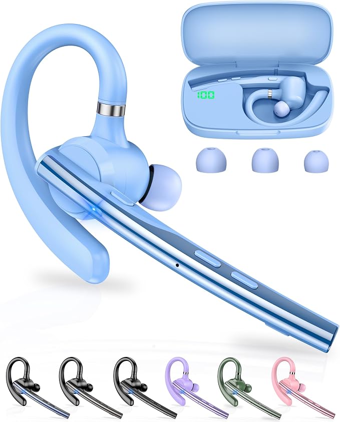 New Bee Bluetooth Headset, Single-Ear Bluetooth Earpiece for Cell Phone Calls, Dual Mic with Mute Button, 72H Talk Time, 500mAh Charging Case Wireless Headset for Phone and Laptop