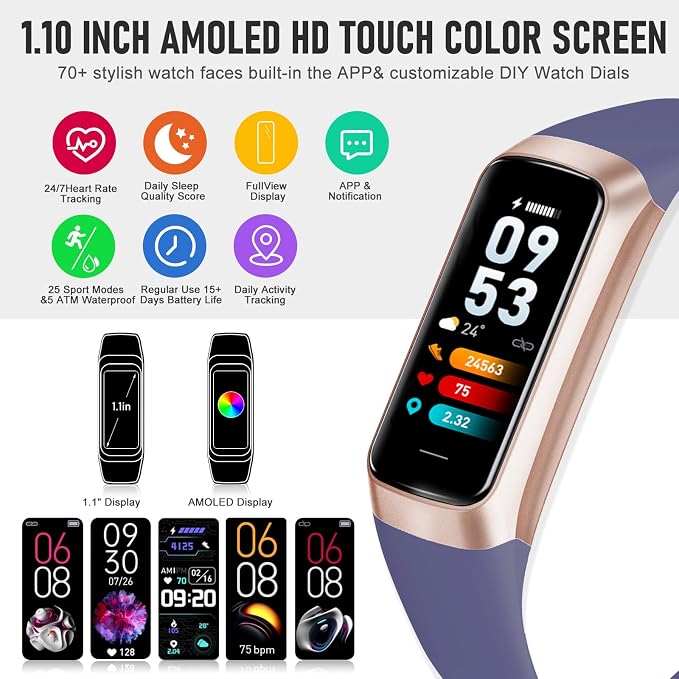 Fitness Tracker with 24/7 Heart Rate, Health Tracker with Calories Sleep Monitor, 1.10''AMOLED Touch Color Screen, Step Counter Activity Pedometer Smart Watch for Women Men