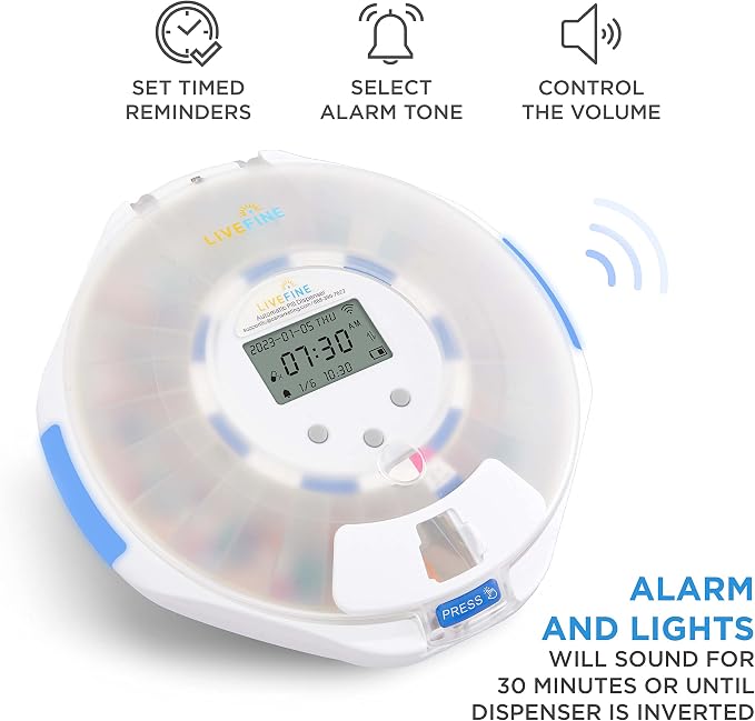 Live Fine Smart WiFi Automatic Pill Dispenser Frosted Lid | 28-Day Medication Organizer Up to 9 Doses Per Day for Care Monitoring with Lock Key, Light/Sound Alarms for Prescriptions & Vitamins