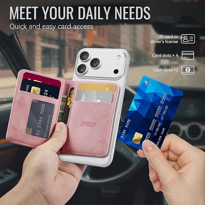 Slim PU Leather RFID Magnetic Wallet for Men and Women, Minimalist Magnet Card Holder Phone Wallet Compatible with Magsafe for Apple iPhone 17 16 15 14 13 12 Series, Retro Pink