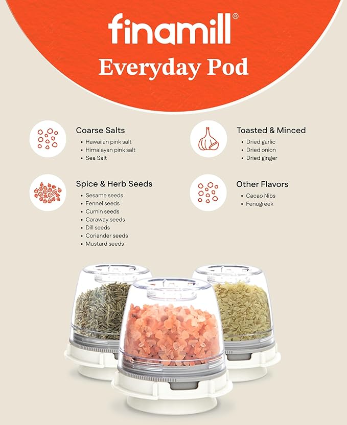 FinaMill Classic Battery Spice Mill – Battery Operated Salt and Pepper Grinder Set, Includes 2 Interchangeable Spice Pods, Adjustable Coarseness, LED Light, Home and Kitchen Gift Set for Father's Day