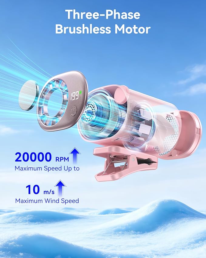 Clip-On Portable Fan with Ice Cooling, 20000 RPM Rechargeable Handheld Turbo Fan, 360° Rotating Detachable Clip, Mini Stroller Fan for Baby, Compact Travel Essentials, Summer Gifts for Women,Pink