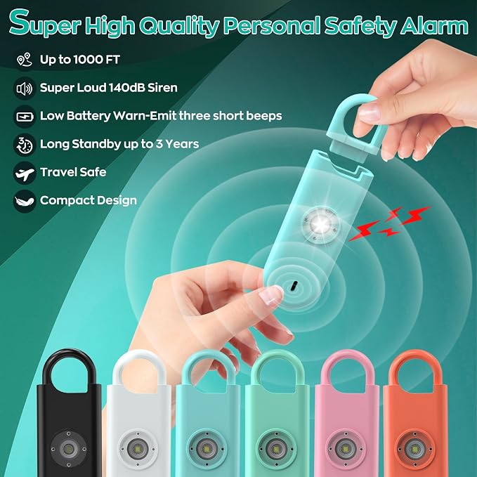Fauxomor 140dB Personal Safety Alarm for Women, 3 Pack Safe Alarm Protection Keychain with Strobe Light & Low Battery Notice, Security Siren Self Defense for Seniors College Girls, Blue+Green+Pink