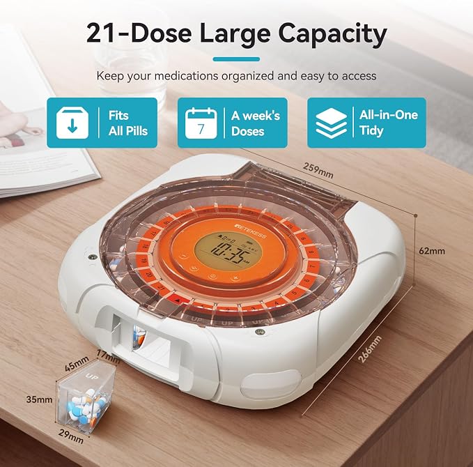 Retekess TH017 Automatic Pill Dispenser with Alarm, Effortless Medication, Secure Storage, Clear and Loud Reminders, Large Pill Organizer with 21 Compartments, Pill Box for Elderly