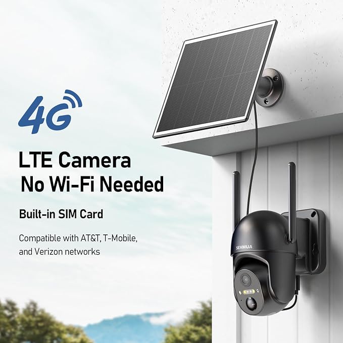 SEHMUA 4G LTE Cellular Solar Security Camera Wireless Outdoor, No Wi-Fi Solar Powered Camera, 360° Live View, 2K Color Night Vision, PIR Motion Sensor, Two-Way Talk, Built-in SIM Card