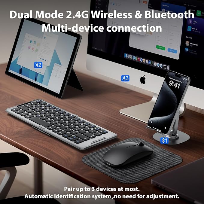 Folding & Foldable Bluetooth with Wireless Keyboard and Mouse Combo for Business Travel, 2.4G Wireless + Bluetooth 5.1, USB-C Rechargeable Portable Combo for Mac,Phones,Laptop,iPad,Tablet