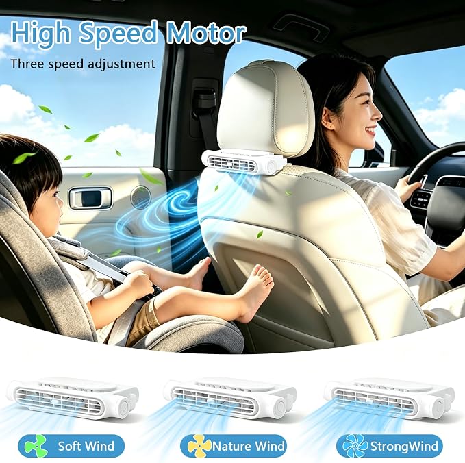 1PCS Car Seat Fan, Portable Car Fans for Backseat for Kids, USB Rechargeable Backseat Neck Cooling Air Conditioner Cooler Vent Clip on Fan with 3 Adjustable Wind Speeds Device for All Cars-White