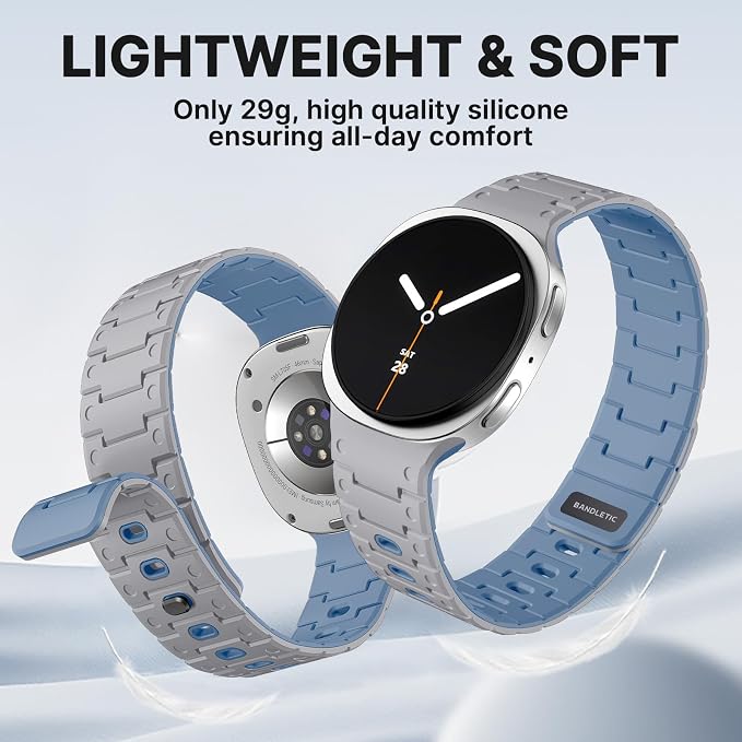 Bandletic Silicone Magnetic Band Compatible with Samsung Galaxy Watch 8 40mm 44mm / 8 Classic 46mm 2025, No Gap Soft Sport Wristbands Breathable Replacement Strap for Men Women, Light Gray/Ice Blue