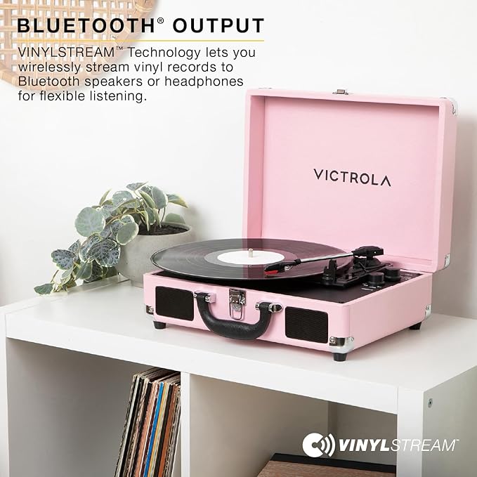 Victrola Journey II (2025 Model) – Bluetooth Suitcase Record Player – Built-in Stereo Speakers with Enhanced Bass, 3-Speed Turntable, Bluetooth Input and Output, RCA & Headphone Outputs (Pink)