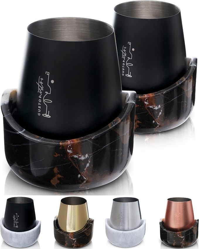 Gusto Nostro Marble Wine Chiller for Glass and Stainless Steel Tumbler Set of 2 - Wine Glass Chiller Holder for Freezer - Cool Set of Two Chillers & Stemless Wine Metal Tumblers for Home, Bar (Black)