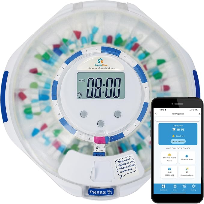 28-Day Bluetooth Automatic Pill Dispenser with Alarm for Elderly, APP/Sound/Light Alerts, Locked Medication Organizer for Seniors, Monthly Timer Dispenser for Vitamins/Prescriptions, Frosted Lid