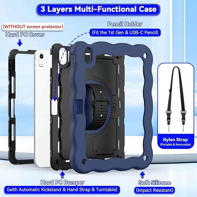 ZoneFoker for iPad A16 11th Generation 2025 / 10th Gen Case 2022, for 11 Inch / 10.9 Inch iPad Case Heavy Duty Cover Shockproof with Pencil Holder [360° Rotate Strap] & Stand, Navy Blue
