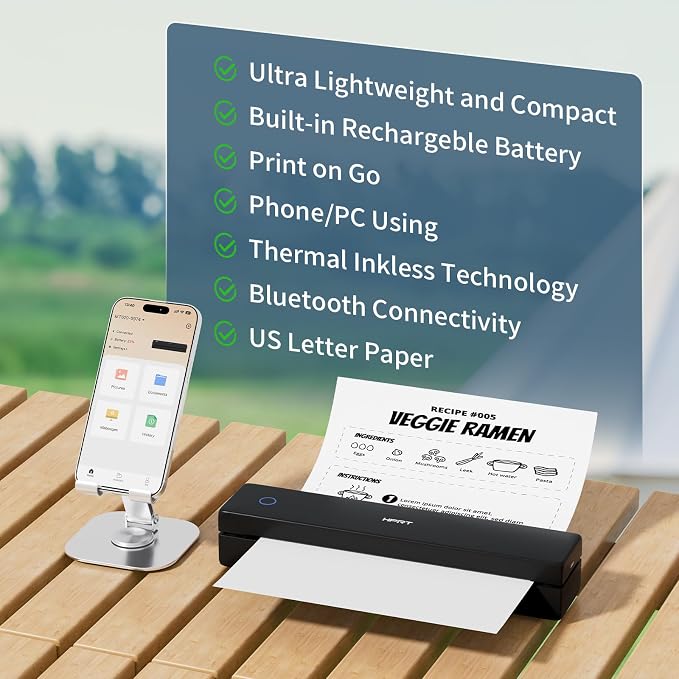 HPRT Inkless Portable Printer Wireless for Travel,Thermal Printer Supports 8.5" x 11" US Letter&A4&A5,Compatible with iOS,Android, Laptop, MT620 Pro,300 DPI,Black