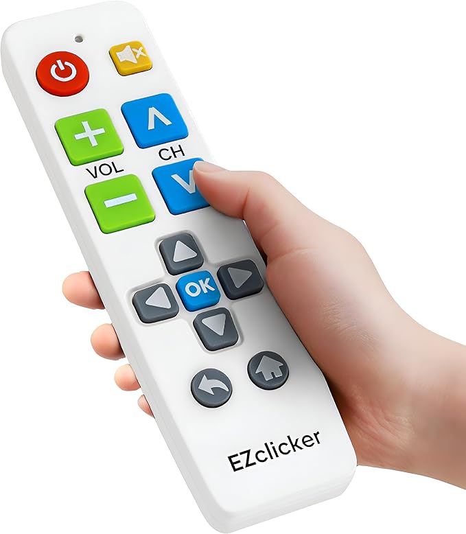 EZclicker Big Button Universal TV Remote (White) Simple Easy to Use, Great for Seniors, Works with Major TV Brands (2xAAA Batteries Not Included)