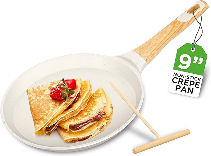 NutriChef 9.45” Non-Stick Crepe Pan with Wooden Spreader, Durable Marble Coated Dosa Pan, Bakelite Handle and Induction Bottom, PFOA/PFOS Free, Dishwasher Safe, Even Heat Distribution (White Cream)