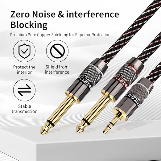 3.5mm TRS to Dual 6.35mm TS Y Splitter Audio Cord, 1/8 to 1/4 Stereo Cable with 6N OFC & 5μm 24K Gold-Plated Connectors,Braided Hi-Fi Cable for Audiophiles,Home Stereos(9.84ft/3m)