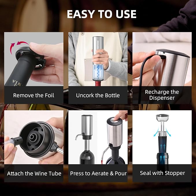 Wine Gifts-Electric Wine Opener and Aerator Set- Rechargeable Wine Dispenser Pourer, Wine Bottle Opener with Led Light, Foil Cutter, Vacuum Stoppers,Silver Set