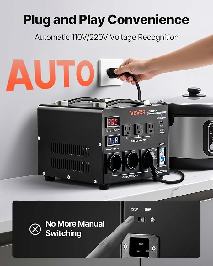VEVOR Voltage Auto Converter Transformer, 5000VA, Heavy Duty Step Up/Down Power Transformer, 110V to 220V and 220V to 110V, with 3 US Outlets, 3 EU Outlets, LCD Display, Circuit Breaker Protection