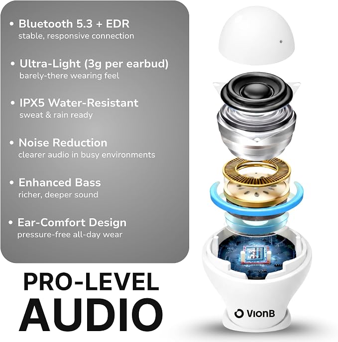 VionB Air Invisible Earbuds Wireless Bluetooth 5.4 for Small Ears, Mini Tiny Ear Buds, IPX5 Waterproof, Sound Isolating Fit, ENC Mic for Clear Calls, Discreet in-Ear Headphones (Arctic White)