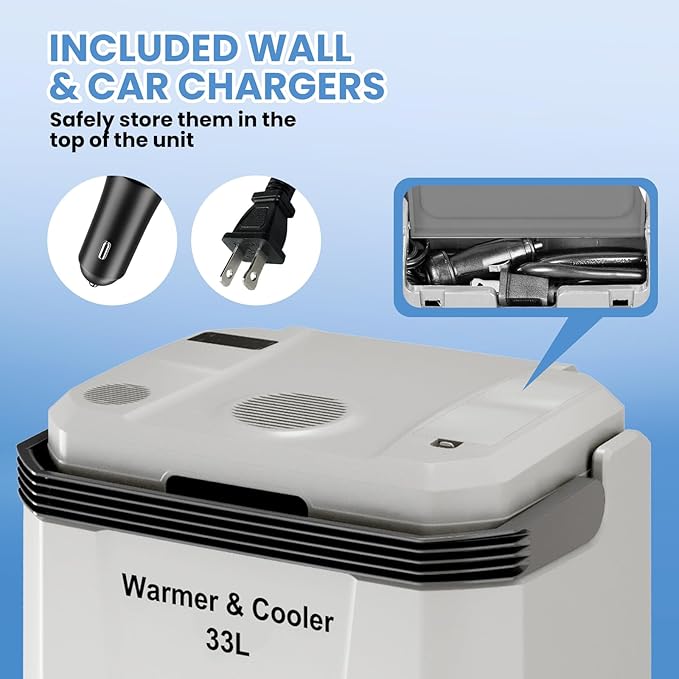 Garvee 35 Quart (33 l) Electric Cooler & Warmer, Portable Car Refrigerator with Automatic Locking Handle, 12V Car Cooler for Vehicle & Trucks, 110V AC Home Power Cord, Plug in Coolers, Grey