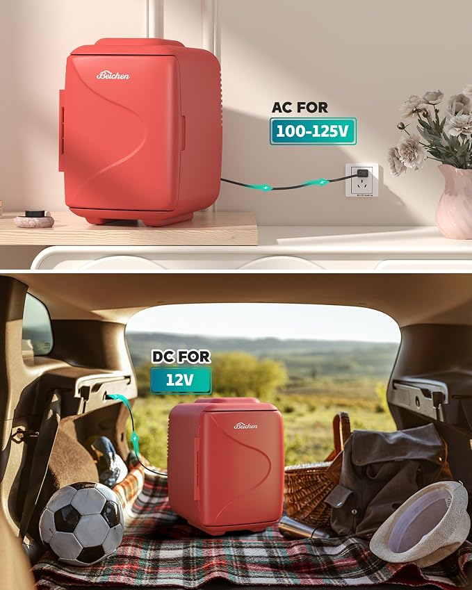 BEICHEN Mini Fridge [Upgrade], Small Fridge Rapid Cooling 4 Liter/6 Cans Skincare Fridge, Cooler and Warmer Refrigerators for Bedroom, Cosmetics, Office and Car (Red)