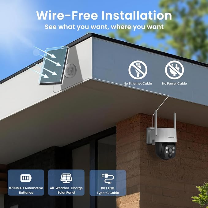xmartO Solar Security Cameras Wireless Outdoor, Wire-Free PTZ 4MP 2K AI Tracking Camera, 5G Dual Band WiFi6, All-Weather Continuous Solar Charging, Floodlights, SD/NVR/Cloud, No Monthly Fees
