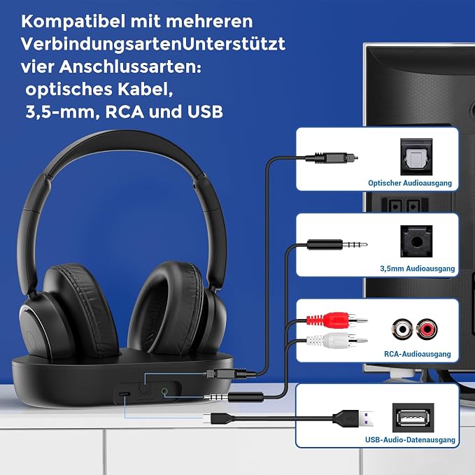 Wireless Headphones for TV Watching, TV Headphones Wireless for Seniors with Transmitter Charging Base, Support Optical,AUX,RCA and USB, High Volume No Audio Delay, Plug and Play, Black