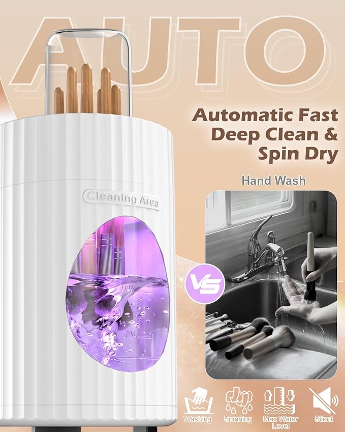 Electric Makeup Brush Cleaner with Cosmetic Brush Dryer, Free Your Hands One-Button Start, [No Damage to Makeup Brushes] Low Noise Portable Automatic Brush Washing Machine for Most Brushes Size