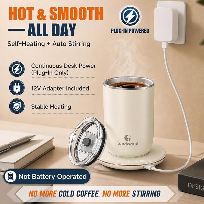Self Heated Stirring Coffee Mug, 10oz Auto Mixing Cup with Warmer, White | 3 temp settings, food-grade stainless steel interior, 8-hour auto shut-off, plug-in desk mug with Warmer for office home