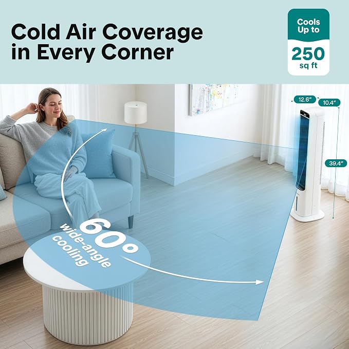 SereneLife Evaporative Air Cooler Tower Fan with Remote, 5L Water Tank, 4 Ice Boxes, 3 Speeds, 60° Oscillation, Quiet Portable Swamp Cooler, Cooling Fan for Bedroom, Home, Office, Dorm