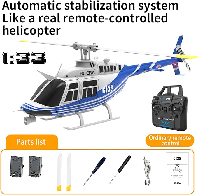 C138 206 Remote Controlled Helicopter Aircraft Plane Drone RC Heli Single Rotor No Ailerons 6CH 6-Axis Gyroscope Altitude Hovering W/Optical Flow Localization 2Battery for Adults Beginners (Blue ）