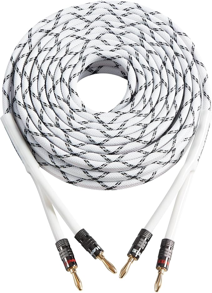 12AWG Speaker Cable (3 Feet), 1 Pack Premium Heavy Duty Braided Speaker Wire with Dual Gold Plated Banana Plug in-Wall CL2 Rated, Oxygen-Free Copper (White)