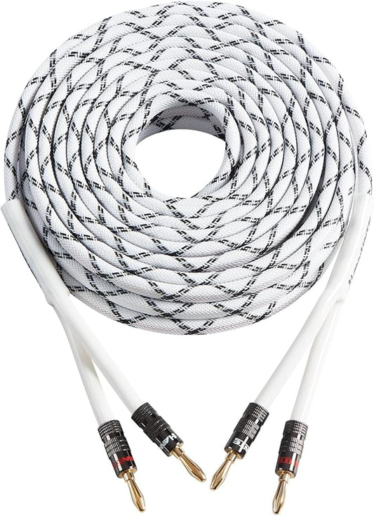 12AWG Speaker Cable (3 Feet), 1 Pack Premium Heavy Duty Braided Speaker Wire with Dual Gold Plated Banana Plug in-Wall CL2 Rated, Oxygen-Free Copper (White)