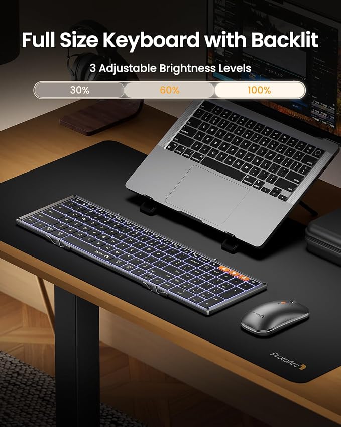 ProtoArc Backlit Foldable Keyboard and Mouse, XKM01 Pro Full-Size Portable Office Suite for Business Travel & Night Typing, Consistent Workspace Anywhere, 3-Device Connectivity for Hybrid Pros - Gray