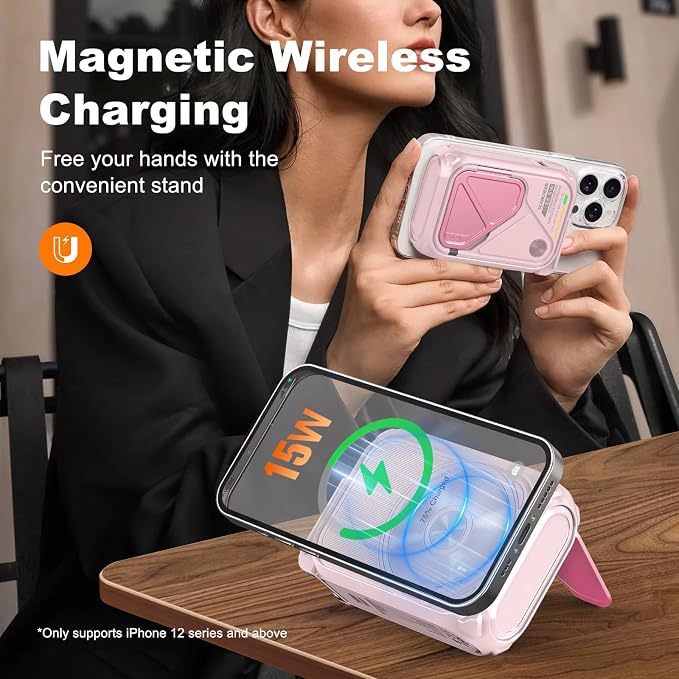 P05 Portable Charger, Magnetic Power Bank, Small Wireless PowerBank,Emergency Battery Pack 10000mAh Travel Essentials Fast Charging with Built in Cable, Wall Plug for iPhone,Samsung,Andriod (Pink)