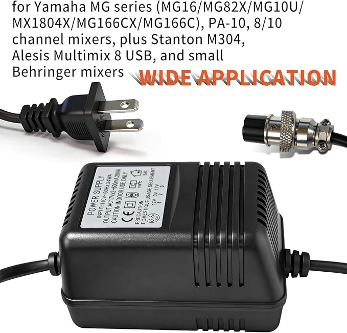 18V*2 AC Mixer Console Power Adapter， with 3-Pin Connector - for Yamaha MG16 MG82X MG10U PA-10, Stanton M304, Alesis Multimix 8 USB FX – 8, Behringer Mixer - Replacement Power Supply Cord