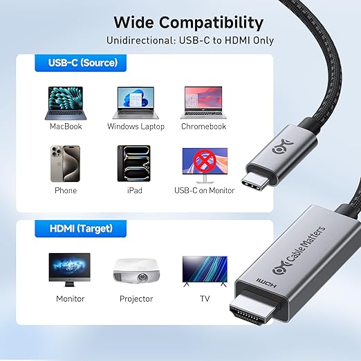 Cable Matters 48Gbps 8K Unidirectional USB C to HDMI 2.1 Cable for macOS, Windows - 10ft, Supports 4K@240Hz / 8K@60Hz with HDR, Thunderbolt 4 to HDMI 2.1 Cable, No Firmware Update Needed