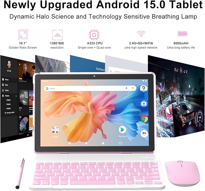 Android 15 Tablet 10 Inch, 12(3+9) GB RAM+64GB ROM, 2 in 1 Tablets with Keyboard Case Mouse Stylus, 1.8GHz Five-core Processor, 1280 * 800 IPS HD Screen, 5G WiFi6 BT 5.3 Tableta PC(Pink)