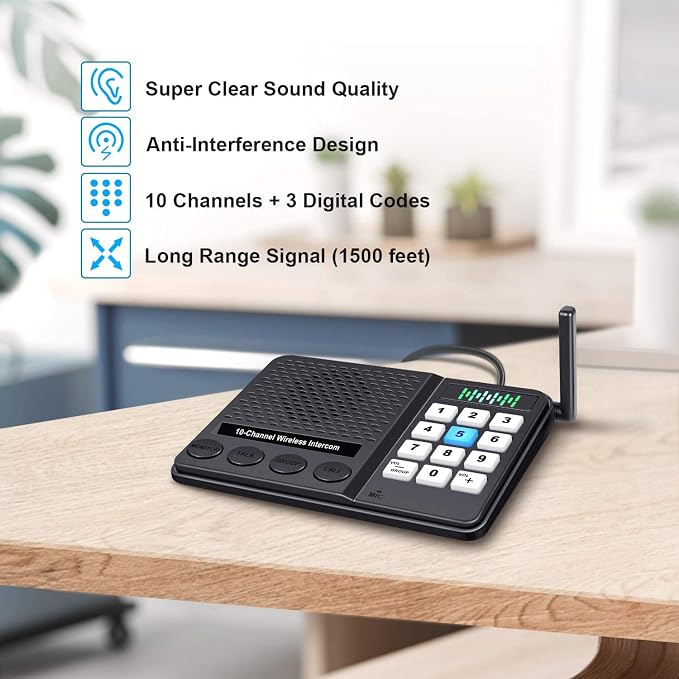 Intercoms Wireless for Home 1 Mile Long Range - GLCON 10 Channel 3 Code Wireless Intercom System for Buiness Office House Elderly - Room to Room Home Intercom Communication System (Pack of 4)