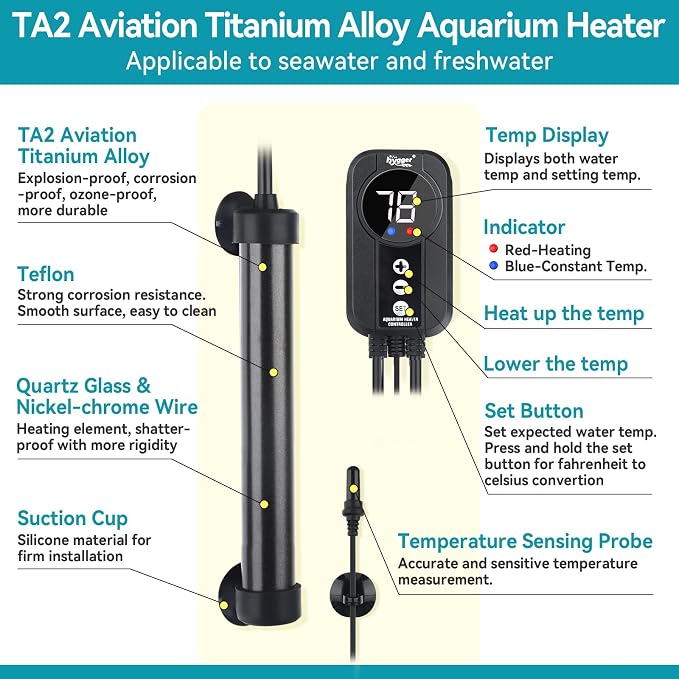 hygger Marine Aquarium Heater 50W 100W 200W 300W 500W,Titanium Heater with Temperature Calibration,Digital LED Controller,Temperature Probe,Submersible Fish Tank Heater for Saltwater Freshwater Tank