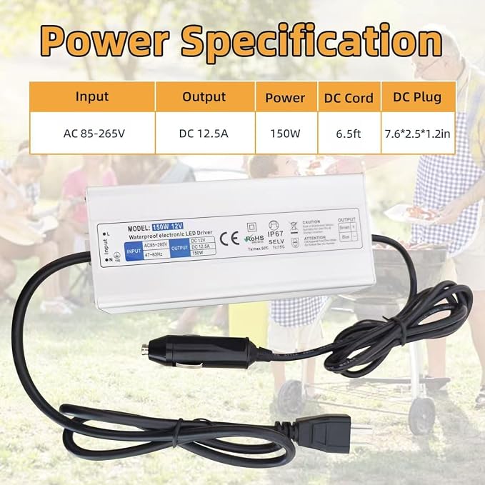 Waterproof 12V Power Adapter Compatible with GMG Green Mountain Grill Jim Bowie, Daniel Boone, Davy Crockett Prime/Prime Plus Grill, P-1001 P-1266 Power Cord Replacement Part for Ledge Peak Trek