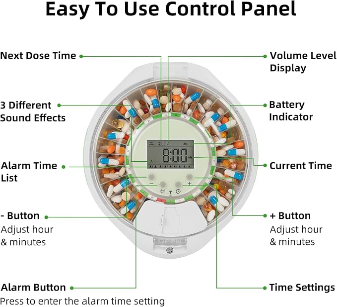 Bluetooth Automatic Pill Dispenser with App/Sound/Light Reminder for Elderly & Caregivers - Up to 9 Alarms/Day, Medication Track History, Front Security Lock & Ergonomic Flip Lid