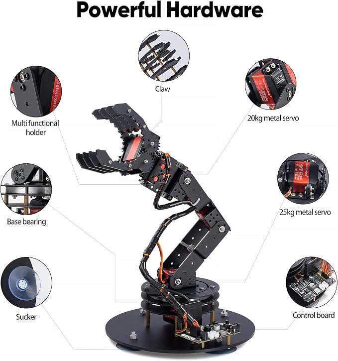 6-Axis Metal Robot Arm Kit with Joystick Control for Arduino Programming DIY Robotics Arm for STEM Learning, Educational Build & Play, Servo Motor Projects